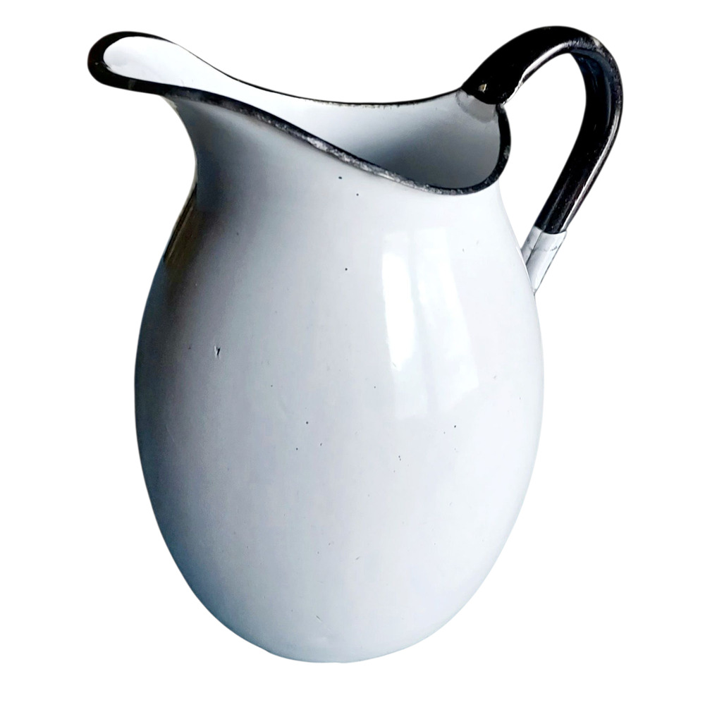 Vintage Rustic Large White Enamel Water Pitcher Black Trim Shabby Chic Farmhouse